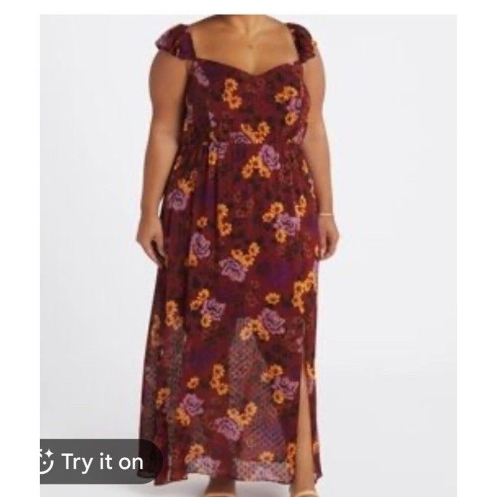 The General good Maxi Dress 2x Maroon Floral Clip Dot Chiffon Fall Cottage